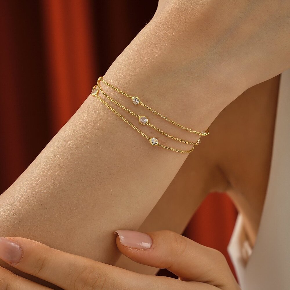 Handmade Minimalist Zircon Bracelet – Elegant Gold, Silver & Rose Gold Layered C